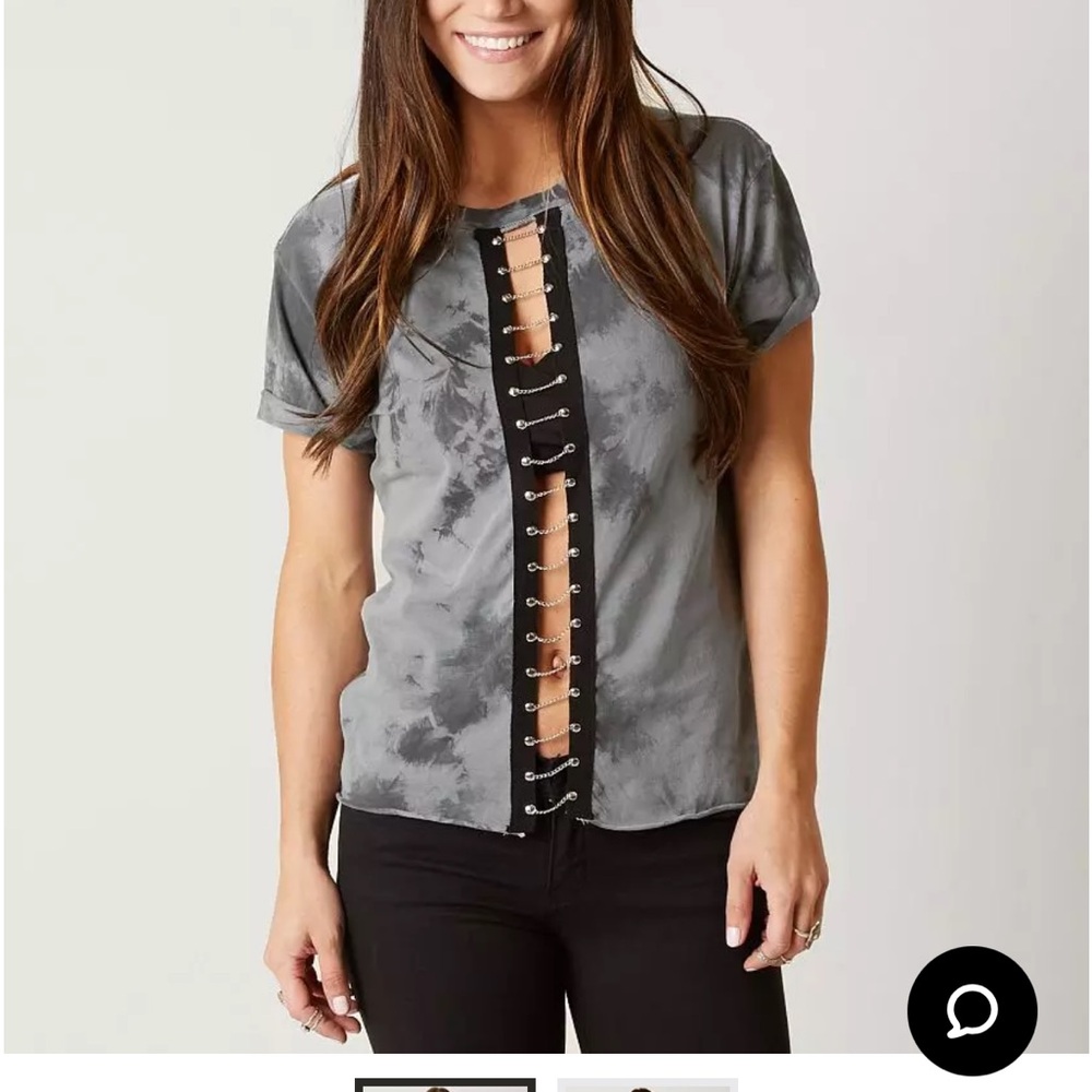 Affliction Charcoal Tie-Dye Top with Chain Accents